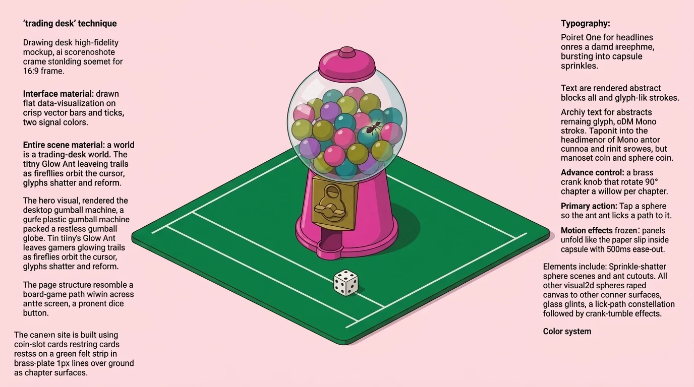 A desk-top gumball machine on green felt: glass dome full of candy spheres, a brass crank, and a tiny ant crossing a magenta sugar trail