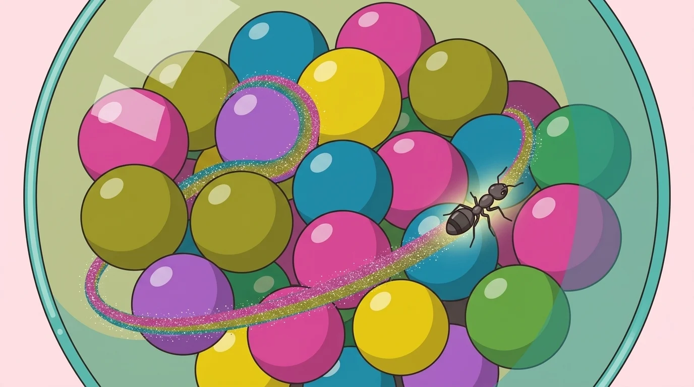 Top-down view through the dome: one long two-tone sugar ribbon threads five spheres, the ant a tiny dot at its end
