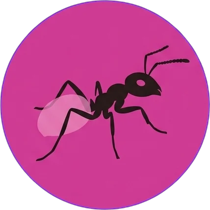 Ant silhouette inside a gumball, belly glowing magenta