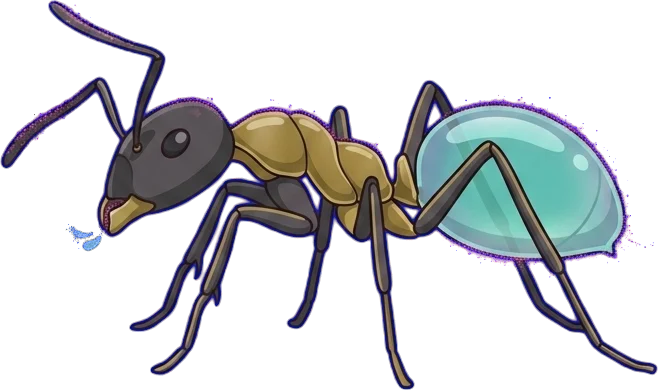 The Glow Ant in profile, a teal swirl in its sugar-glass belly