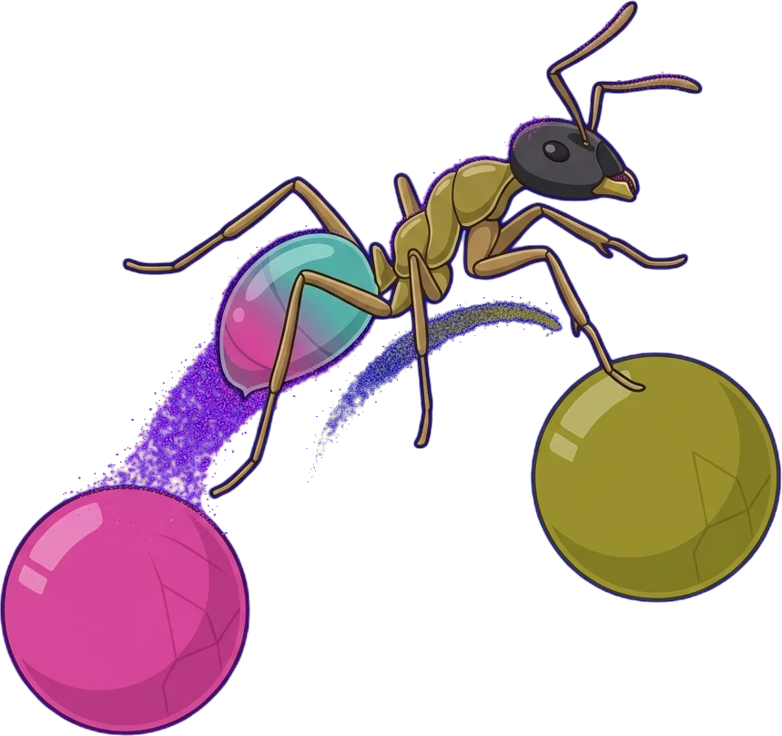 The Glow Ant leaping between two spheres on a two-tone sugar trail